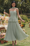 A-Line Dusty Sage Strapless Pleated Ruffled Chiffon Dress with a Neck Scarf