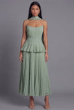 A-Line Dusty Sage Strapless Pleated Ruffled Chiffon Dress with a Neck Scarf