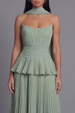 A-Line Dusty Sage Strapless Pleated Ruffled Chiffon Dress with a Neck Scarf