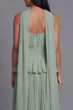 A-Line Dusty Sage Strapless Pleated Ruffled Chiffon Dress with a Neck Scarf