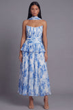 A-Line Dusty Sage Strapless Pleated Ruffled Chiffon Dress with a Neck Scarf