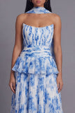 A-Line Dusty Sage Strapless Pleated Ruffled Chiffon Dress with a Neck Scarf