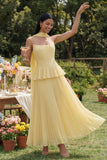 A-Line Dusty Sage Strapless Pleated Ruffled Chiffon Dress with a Neck Scarf
