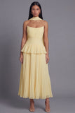 A-Line Dusty Sage Strapless Pleated Ruffled Chiffon Dress with a Neck Scarf