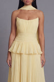 A-Line Dusty Sage Strapless Pleated Ruffled Chiffon Dress with a Neck Scarf