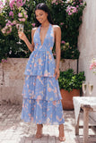 Blue Pink Flower Halter Neck Tiered Ruched Long Floral Dress with Bow