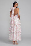 Blue Pink Flower Halter Neck Tiered Ruched Long Floral Dress with Bow