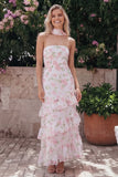 Chiffon White Pink Flower Strapless Sheath Ruffled Long Floral Dress with Neck Scarf