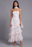 Chiffon White Pink Flower Strapless Sheath Ruffled Long Floral Dress with Neck Scarf