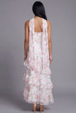 Chiffon White Pink Flower Strapless Sheath Ruffled Long Floral Dress with Neck Scarf
