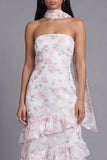 Chiffon White Pink Flower Strapless Sheath Ruffled Long Floral Dress with Neck Scarf