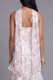 Chiffon White Pink Flower Strapless Sheath Ruffled Long Floral Dress with Neck Scarf