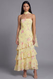 Chiffon White Pink Flower Strapless Sheath Ruffled Long Floral Dress with Neck Scarf