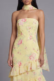Chiffon White Pink Flower Strapless Sheath Ruffled Long Floral Dress with Neck Scarf