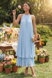 Halter Neck A-Line Sky Blue Pleated Maxi Dress with Bow