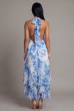 Halter Neck A-Line Sky Blue Pleated Maxi Dress with Bow