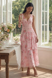 Pink Chiffon V-Neck Tiered Printed Ruffled Long Floral Dress