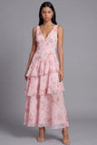 Pink Chiffon V-Neck Tiered Printed Ruffled Long Floral Dress