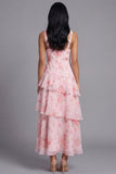 Pink Chiffon V-Neck Tiered Printed Ruffled Long Floral Dress
