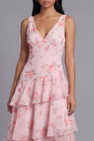 Pink Chiffon V-Neck Tiered Printed Ruffled Long Floral Dress