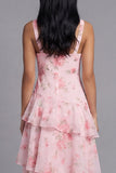 Pink Chiffon V-Neck Tiered Printed Ruffled Long Floral Dress