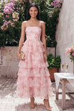 Pink Strapless A-Line Chiffon Tiered Printed Long Floral Dress