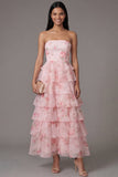 Pink Strapless A-Line Chiffon Tiered Printed Long Floral Dress
