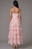Pink Strapless A-Line Chiffon Tiered Printed Long Floral Dress