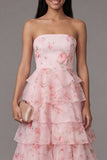 Pink Strapless A-Line Chiffon Tiered Printed Long Floral Dress