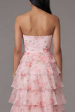 Pink Strapless A-Line Chiffon Tiered Printed Long Floral Dress