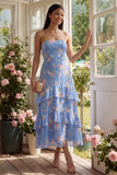 Chiffon Blue Sheath Strapless Tiered Printed Long Floral Dress