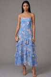 Chiffon Blue Sheath Strapless Tiered Printed Long Floral Dress