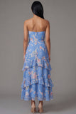 Chiffon Blue Sheath Strapless Tiered Printed Long Floral Dress