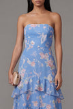 Chiffon Blue Sheath Strapless Tiered Printed Long Floral Dress