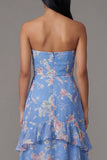 Chiffon Blue Sheath Strapless Tiered Printed Long Floral Dress
