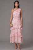 One Shoulder Chiffon Pink Ruched Tiered Printed Long Floral Dress