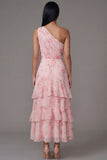 One Shoulder Chiffon Pink Ruched Tiered Printed Long Floral Dress