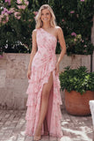 Chiffon One Shoulder Pink Ruched Tiered Printed Long Floral Dress with Slit