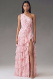 Chiffon One Shoulder Pink Ruched Tiered Printed Long Floral Dress with Slit