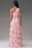 Chiffon One Shoulder Pink Ruched Tiered Printed Long Floral Dress with Slit