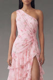 Chiffon One Shoulder Pink Ruched Tiered Printed Long Floral Dress with Slit