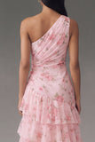 Chiffon One Shoulder Pink Ruched Tiered Printed Long Floral Dress with Slit