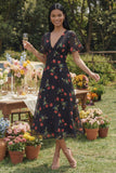 Chiffon A-Line Black Red Flower V-Neck Midi Floral Dress with Short Sleeves