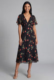 Chiffon A-Line Black Red Flower V-Neck Midi Floral Dress with Short Sleeves