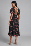 Chiffon A-Line Black Red Flower V-Neck Midi Floral Dress with Short Sleeves