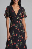 Chiffon A-Line Black Red Flower V-Neck Midi Floral Dress with Short Sleeves