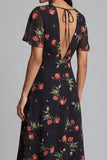Chiffon A-Line Black Red Flower V-Neck Midi Floral Dress with Short Sleeves