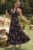 Halter Neck Chiffon Sheath Black Red Flower Printed Long Floral Dress