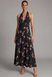 Halter Neck Chiffon Sheath Black Red Flower Printed Long Floral Dress