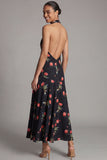 Halter Neck Chiffon Sheath Black Red Flower Printed Long Floral Dress
